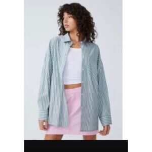 NWT Cotton On Oversized Green‎ Striped Button Down Dad Shirt 100% Cotton